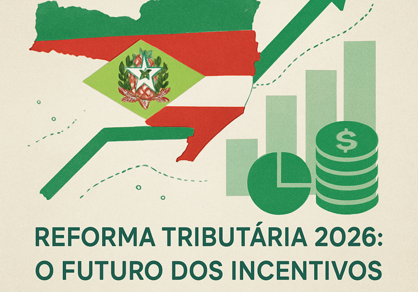 Infográfico sobre Reforma Tributária 2026 em Santa Catarina com mapa do estado e gráficos financeiros